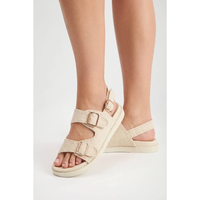 boohoo Dames Linnen Sandalen Met Dubbele Gesp | Natural | Maat: 41