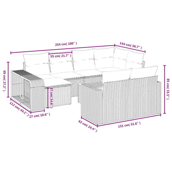 vidaXL - 11-delige - Tuinset - met - kussens - poly - rattan - beige