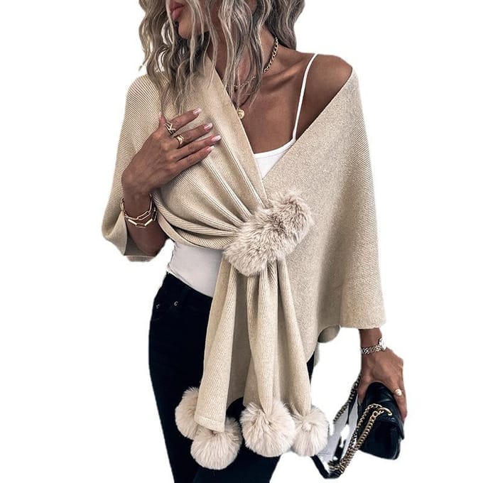 Femmes hiver mode couleur unie boule de fourrure Cape pull châle tricot chaud tricot chaud One size abricot