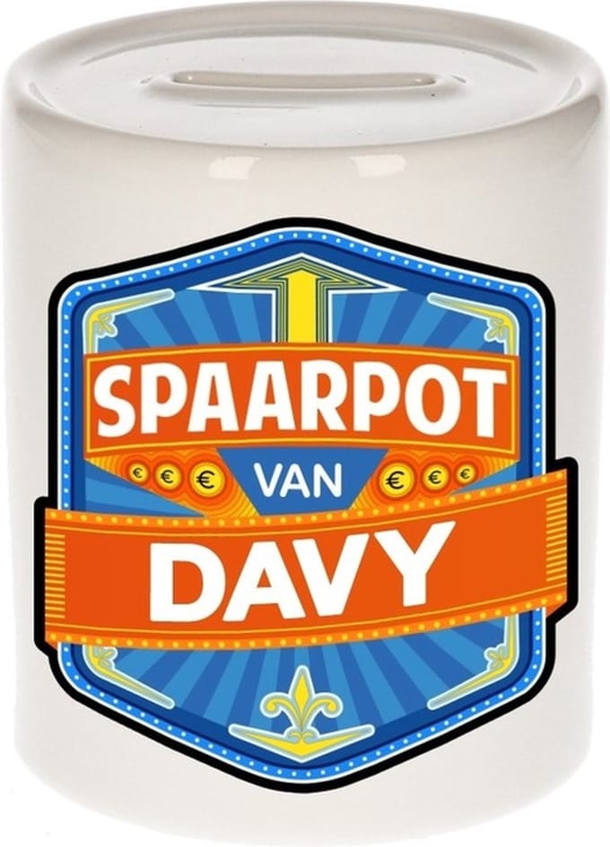 Bellatio Decorations Kinder spaarpot met naam - Davy - keramiek - met dop - wit - Sparen - Spaargeld van Davy