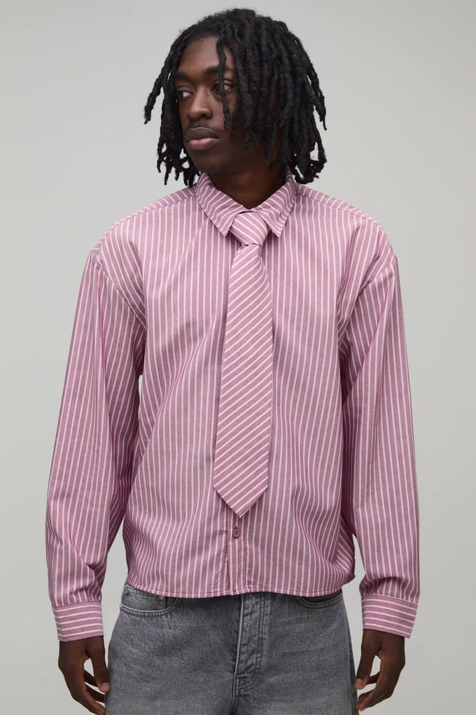 Oversized Boxy Gestreept Overhemd Met Stropdas | Red | Size Large