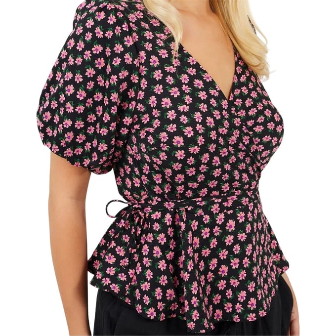 Brave Soul Dames/Dames V Hals Pofmouw Wikkel Top (Zwart/roze)