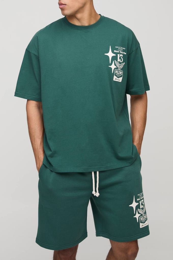 Oversized Moto Grafische T-Shirt & Short Set | Forest | Size Medium