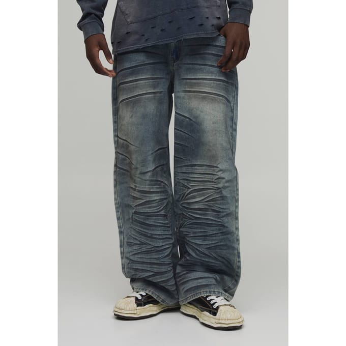 Extreme Crease Wash Wijde Pijpen Jeans | Antique Blue | Size 32