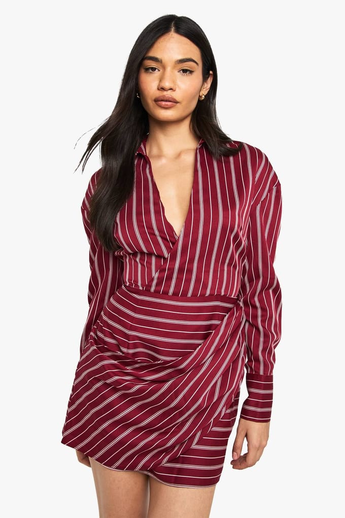 boohoo Dames Gestreepte wikkeloverhemdjurk | Red | Maat: 8