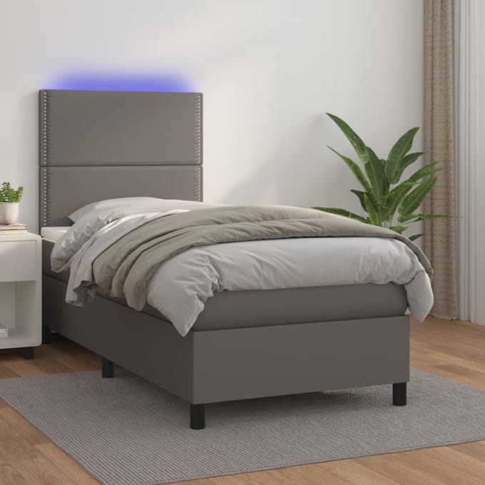 vidaXL - Boxspring - met - matras - en - LED - kunstleer - grijs - 100x200 - cm