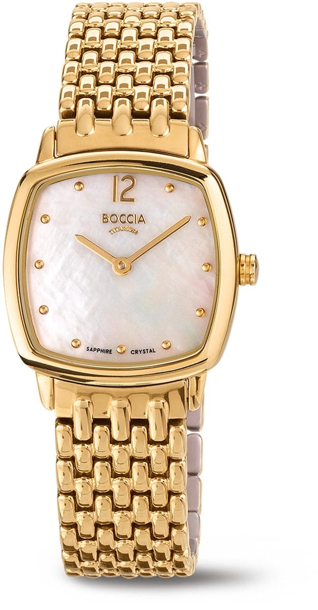 Boccia Titanium 3353-02 Dames Horloge - Saffierglas - Goudkleurig - 25 mm breed - Quartz - Vouw/Vlindersluiting - 5 ATM (douchen)
