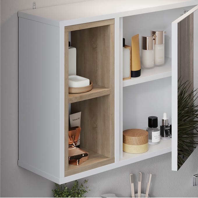 Vicco Elnor Badkamerspiegelkast – 60 x 45 cm met 2 open compartimenten en 1 deur Wit/eiken