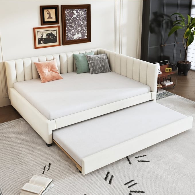 MODFU Ledikant 140x200 cm – beige fluweel – multifunctioneel met uitschuifbed en lattenbodem