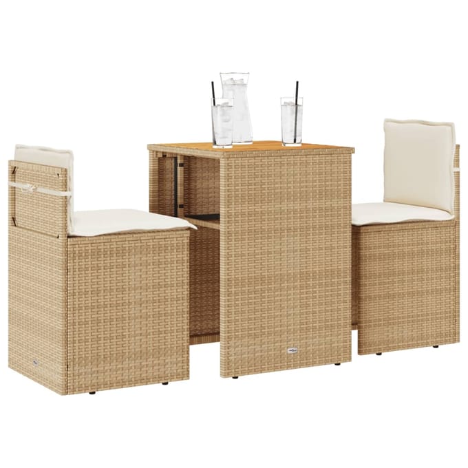 vidaXL - 3-delige - Bistroset - met - kussens - poly - rattan - beige