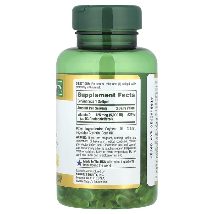 Nature's Bounty, D3, 125 mcg(5 000 UI), 240 gélules