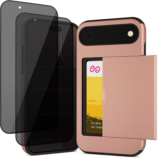 Hoesje met Pasjeshouder geschikt voor iPhone 17 Air - 2x Privacy Screen Protector FullGuard - Back Cover SlideCase Roségoud & Screenprotector