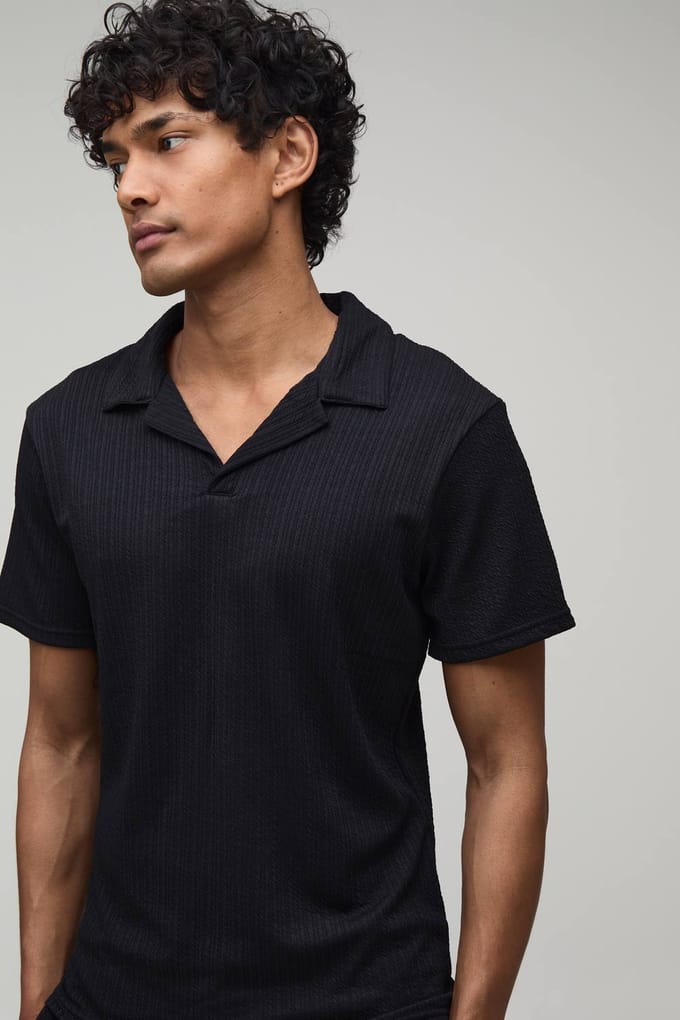Jersey Gestructureerde Geribbelde Slim Fit Polo & Relaxed Short Set | Black | Size Medium