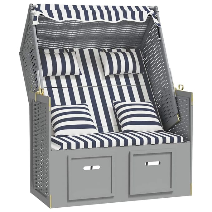 vidaXL - Strandstoel - met - kussens - poly - rattan - en - hout - blauw - en - wit