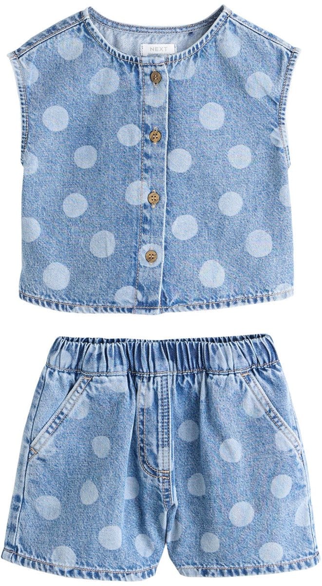 Next - Meisjes - Denim polka dot gilet en korte broek set - Blauw