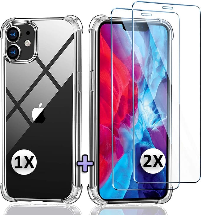 HB Hoesje Geschikt voor Apple iPhone 12 Mini - Transparant - Anti Shock Hybrid Back Cover / 2X Glazen Screenprotector