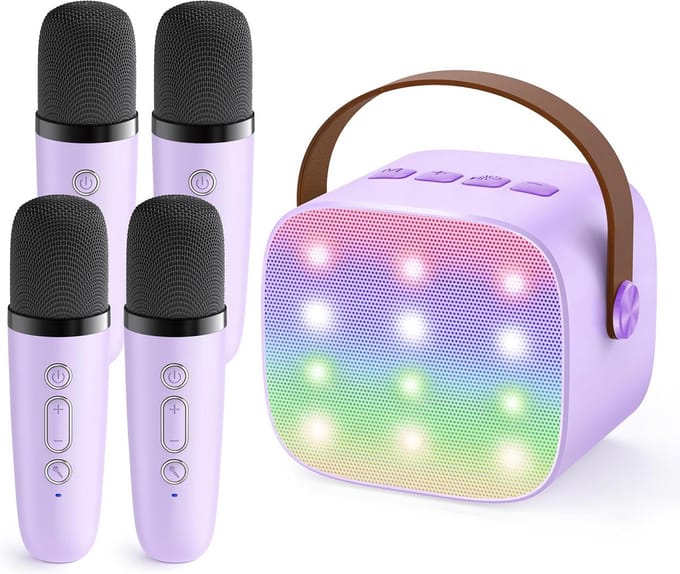 Draagbare Mini Karaokemachine met 4 Draadloze Microfoons voor Kinderen en Volwassenen