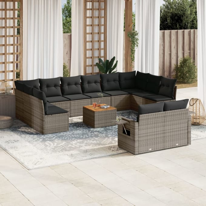 vidaXL - 13-delige - Loungeset - met - kussens - poly - rattan - grijs