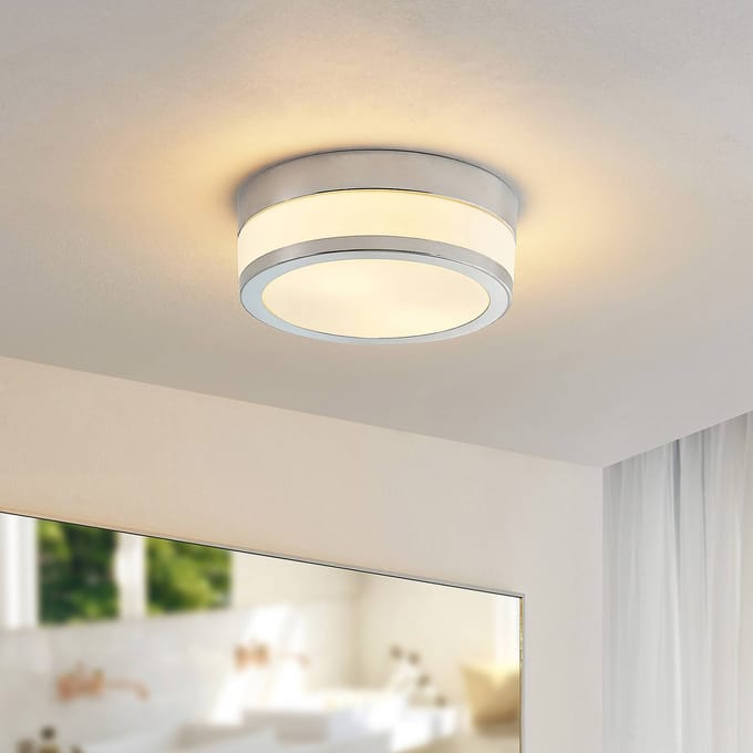 Lindby - Plafondlamp badkamer - 2lichts - Glas, metaal - H: 9 cm - E27 - opaalwit, chroom