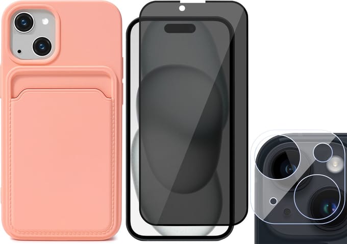 Hoesje Pasjeshouder geschikt voor iPhone 15 Plus - Privacy Screenprotector FullGuard + Camera Lens Screen Protector - Siliconen Case Back Cover Roze