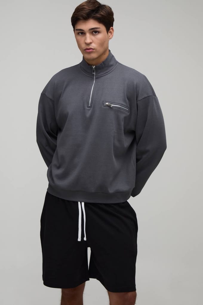 Oversized Boxy Quarter Zip Funnel Neck Loopback Sweatshirt And Short Set | Charcoal | Size Medium