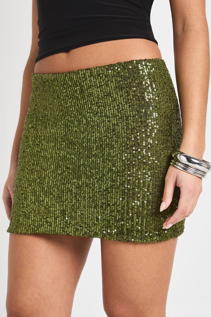 boohoo Dames Minirok met pailletten | Olive | Maat: 8