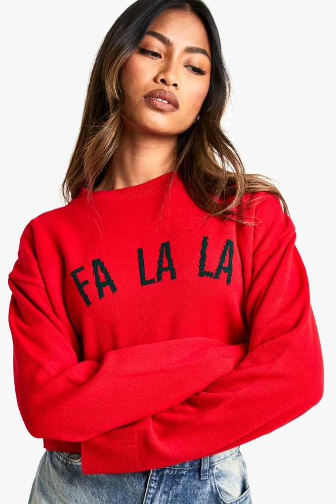 boohoo Dames FA LA LA Crop Kersttrui | Red | Maat: Small