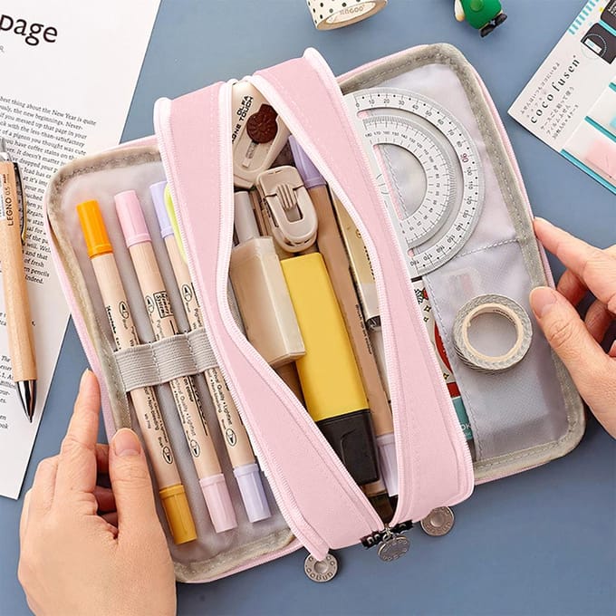 Grote capaciteit etui voor pennen, 3 compartimenten, multifunctionele pennenzak voor meisjes, jongens, school, student, kantoorbenodigdheden, organizer roze