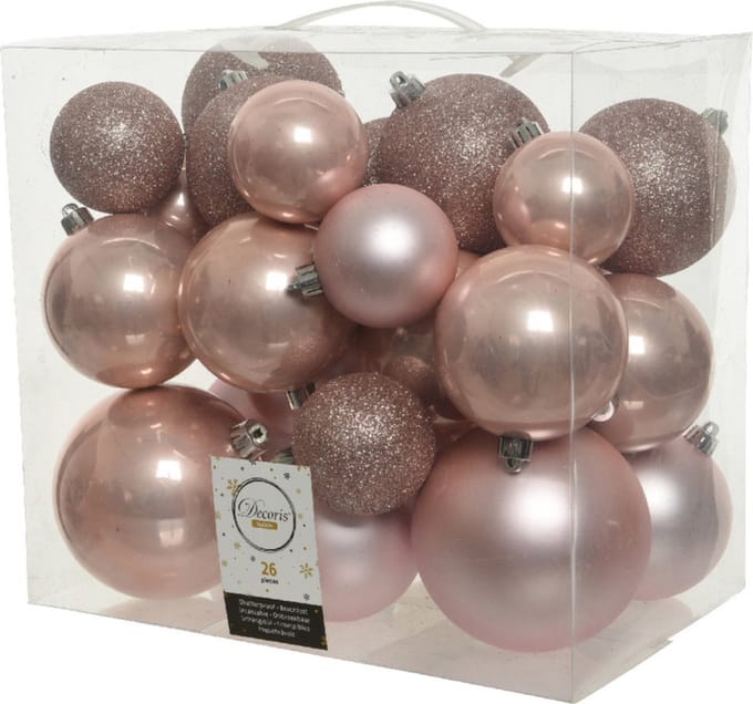 Decoris Kerstballen - 26x st - lichtroze - 6-8-10 cm - kunststof - kerstversiering