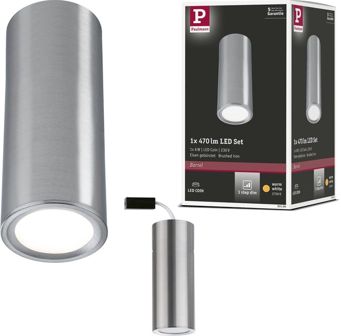 LED-plafondlamp 3-Step-Dim Barrel 2700K 470lm 230V 6W dimbaar Staal geborsteld