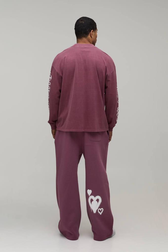 Wijde Pijpen Lage Kruis Hartjes Print Joggingbroek | Mauve | Size Medium