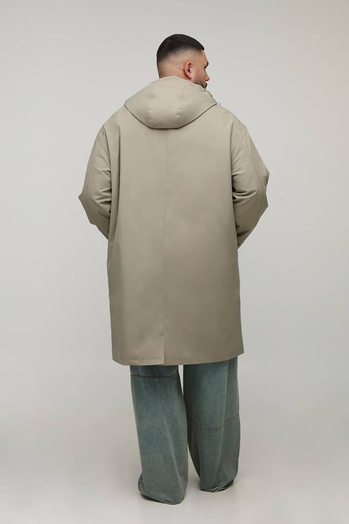 Plus Regular Fit Button Through Hooded Mac | Stone | Size 3XL