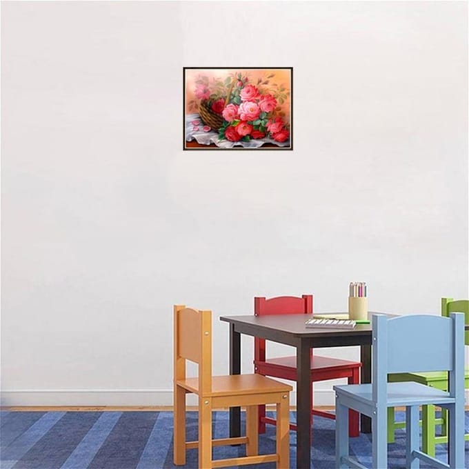 Panier de fleurs peinture diamant, perceuse ronde complète, broderie florale Rose, point de croix 20X30CM beige