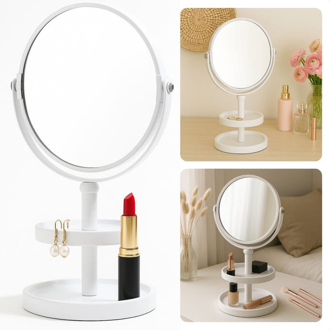 Cheqo® Make-Up Spiegel met Oganizer - Scheer Spiegel - Vergroot Spiegel - Makeup Spiegel met Houder - Wit - Dubbelzijdig - Metaal