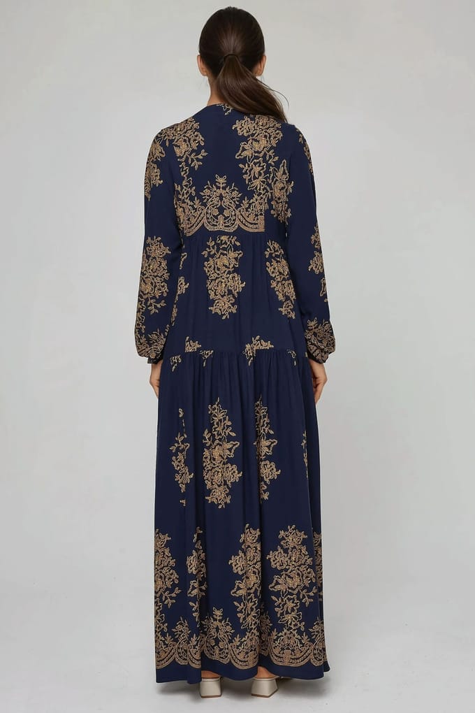Geprinte Lange Mouwen Viscose Maxi Jurk