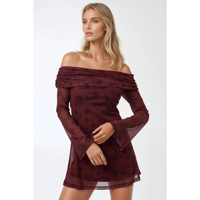 Off-Shoulder Bodycon Mini-jurk met Bloemenpatroon