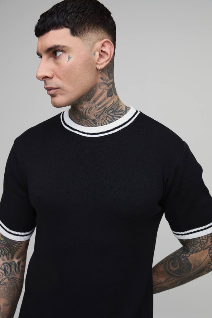 Lang Getailleerd Gebreid T-shirt Van Katoenmix Met Getipt Detail | Black | Size Small