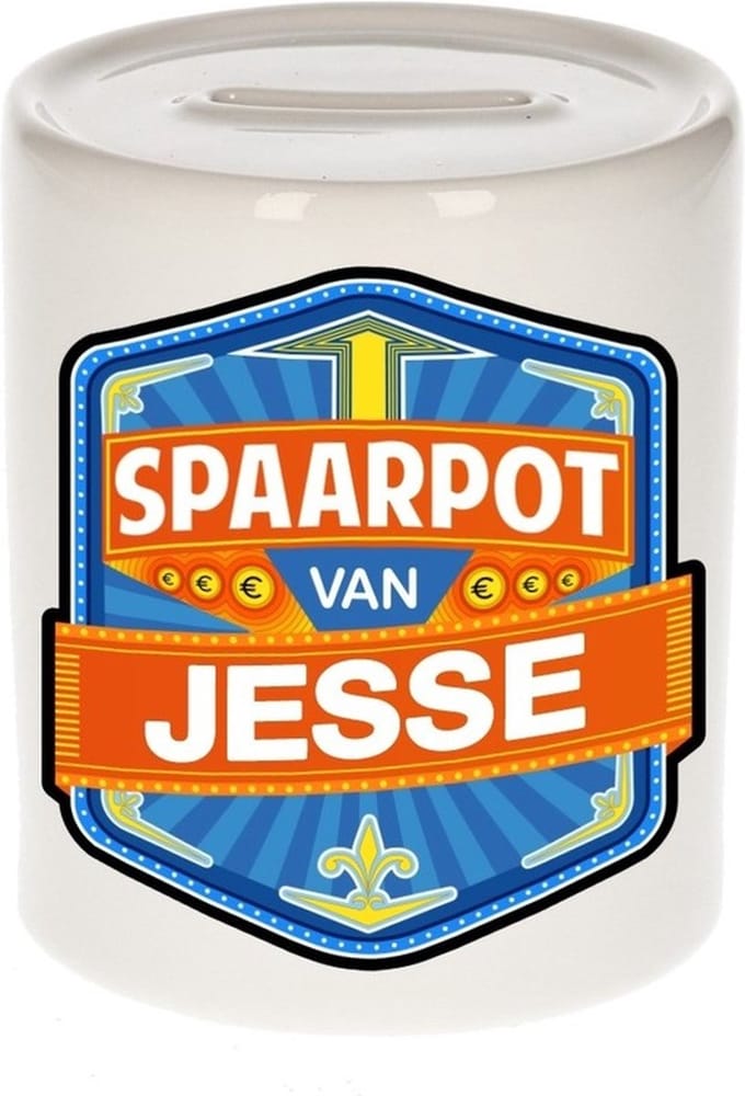 Bellatio Decorations Kinder spaarpot met naam - Jesse - keramiek - met dop - wit - Sparen - Spaargeld van Jesse