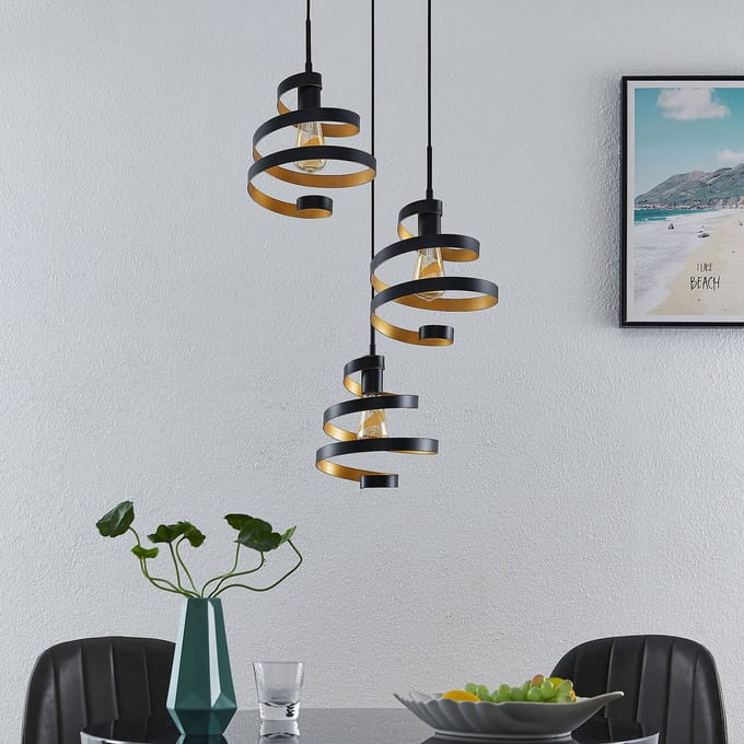 Lindby - hanglamp - 3lichts - IJzer - H: 26 cm - E27 - matzwart, goud