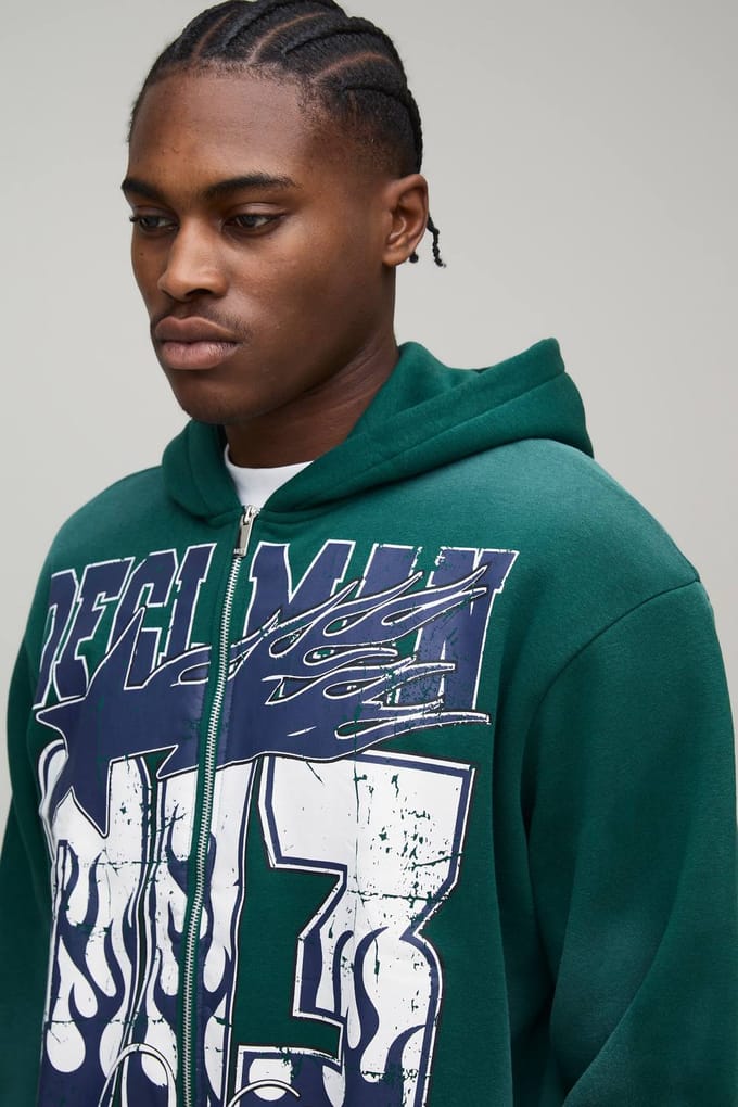 Oversized Boxy OFCL Men's Spray Wash Zip Through Hoodie | Forest | Size Medium