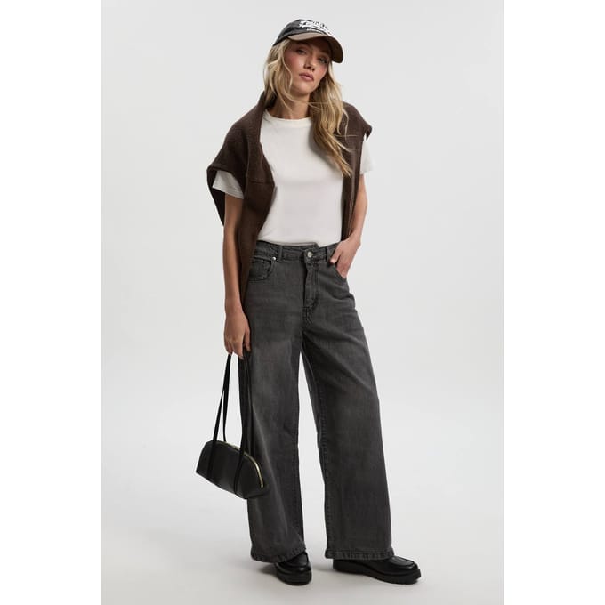 boohoo Dames Petite Basic Wide Leg Jean | Mid Grey | Maat: 14/28L