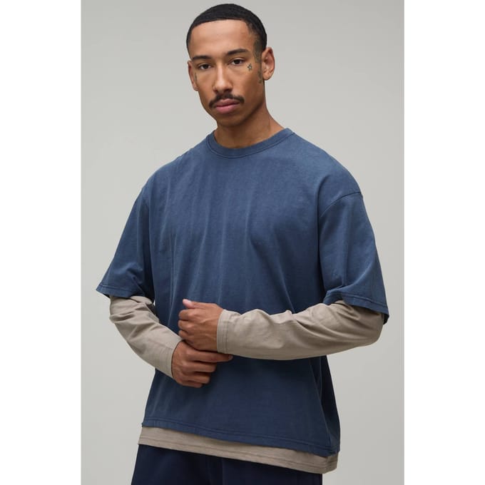 Essentieel Gewassen Regular Fit Nepgelaagd Shirt Met Lange Mouwen | Navy | Size Medium