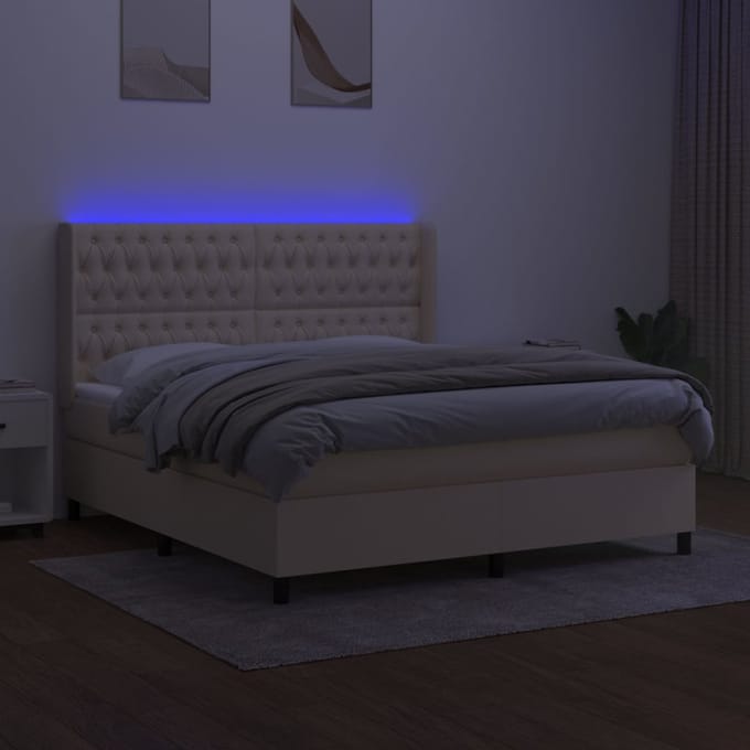 vidaXL - Boxspring - met - matras - en - LED - stof - crèmekleurig - 160x200 - cm
