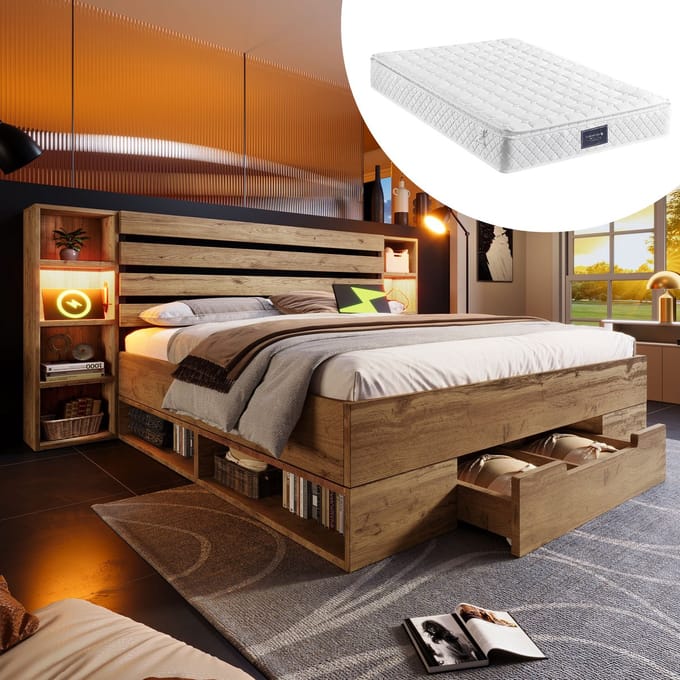MODFU Bedframe 160x200 cm van metaal en hout, met LED-hoofdbord, USB-C en opbergruimte