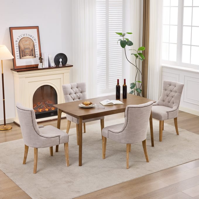 REDOM Eetkamerstoel - Gestoffeerd - Modern - Eetkamer - Hout en stof - Beige - 2-delig
