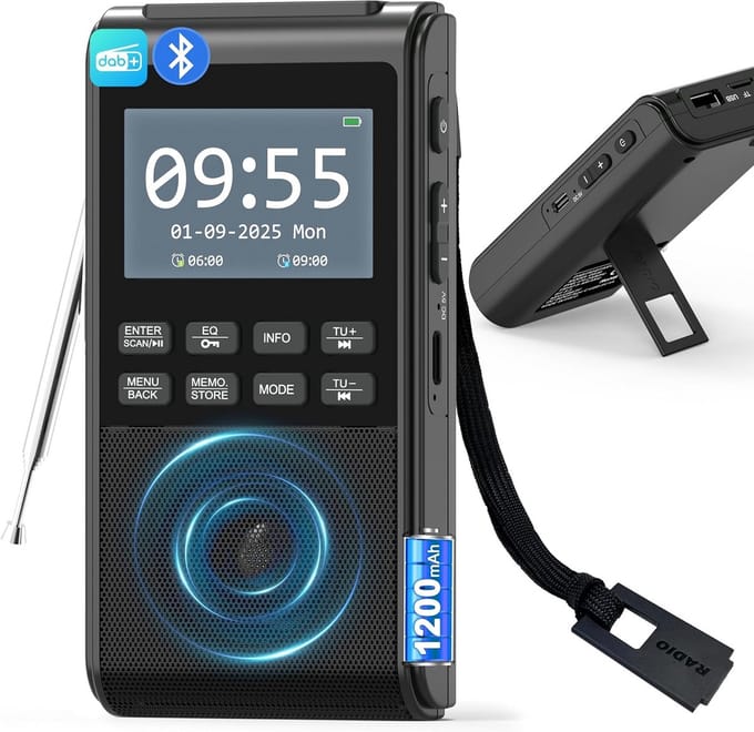 Draagbare DAB+ FM Radio met Bluetooth, Oplaadbaar, USB/SD MP3 en Dubbele Alarmklok
