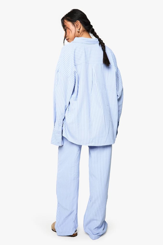 boohoo Dames Gestreepte oversized overhemd en broek set | Blue | Maat: 12