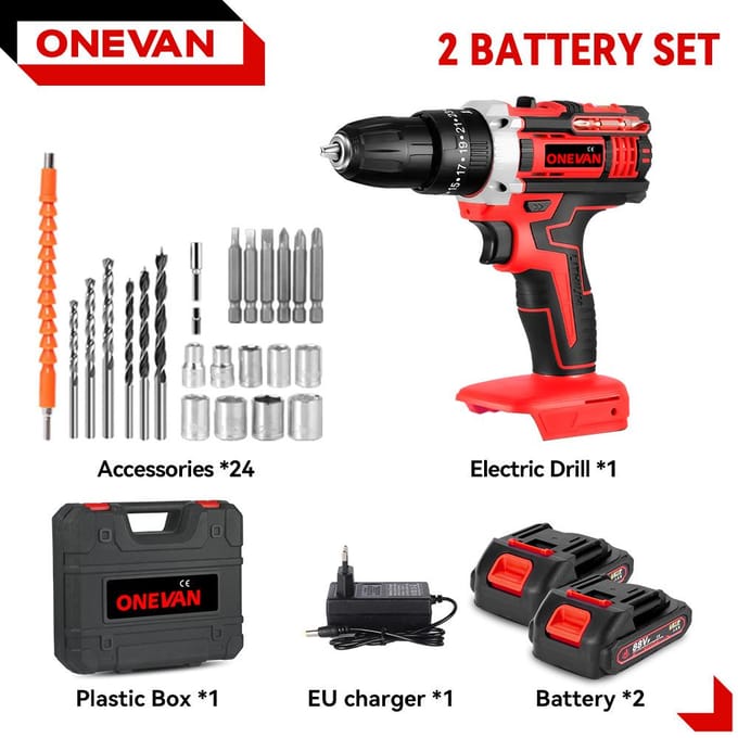 ONEVAN 25+3 Couple Perceuse à percussion électrique Multifonctionnelle 2 Vitesses Perceuse à percussion sans fil Outil électrique Pour Batterie Makita 18V Broche 2Battery-Red B