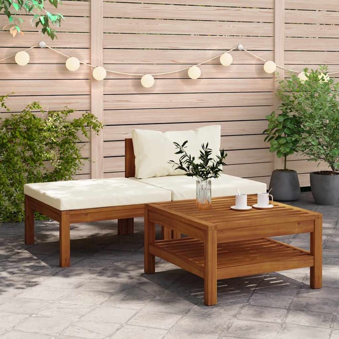 vidaXL - 3-delige - Loungeset - met - crèmewitte - kussens - acaciahout
