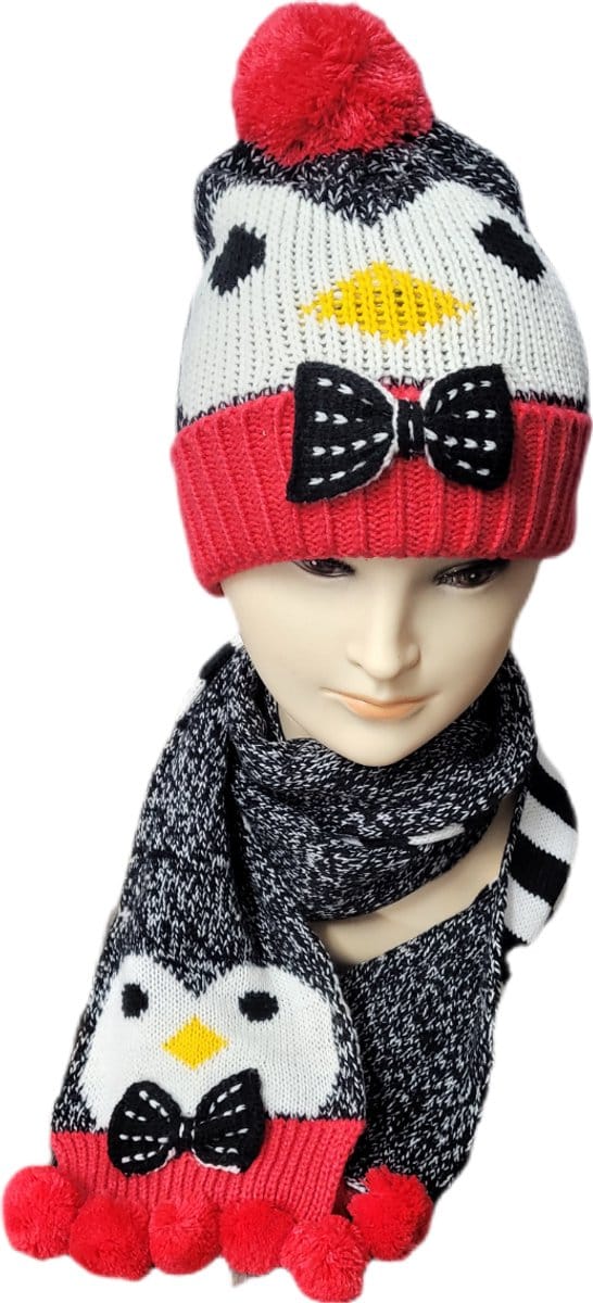 Sarlini Penguin Winterset - Muts & Sjaal - Meisjes - Rood/Zwart/Wit